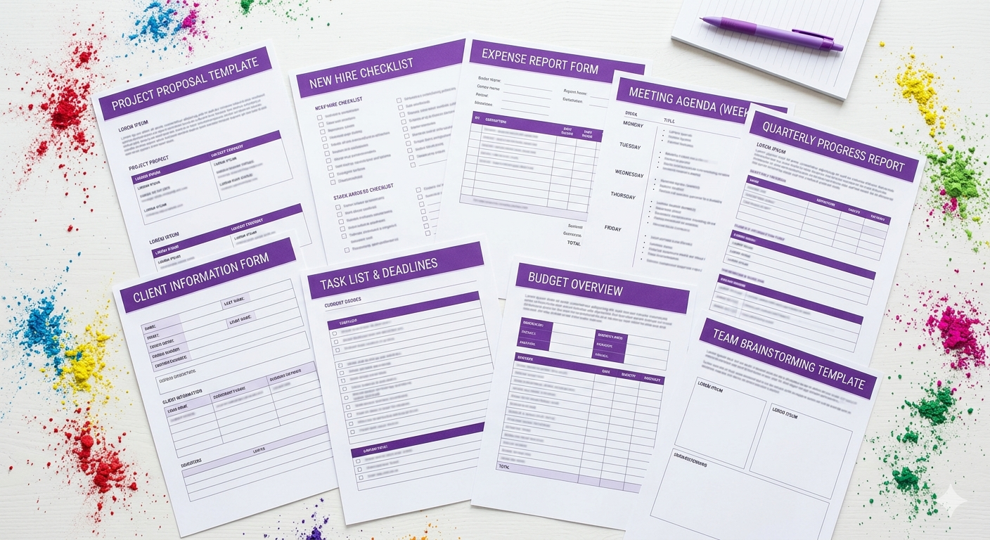 Set of project management templates with purple headers on a colorful background